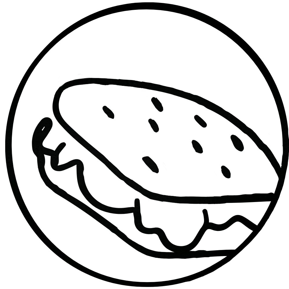 Minimalistic black and white drawing of a sandwich, with a sesame seed bun and layers of fillings visible.